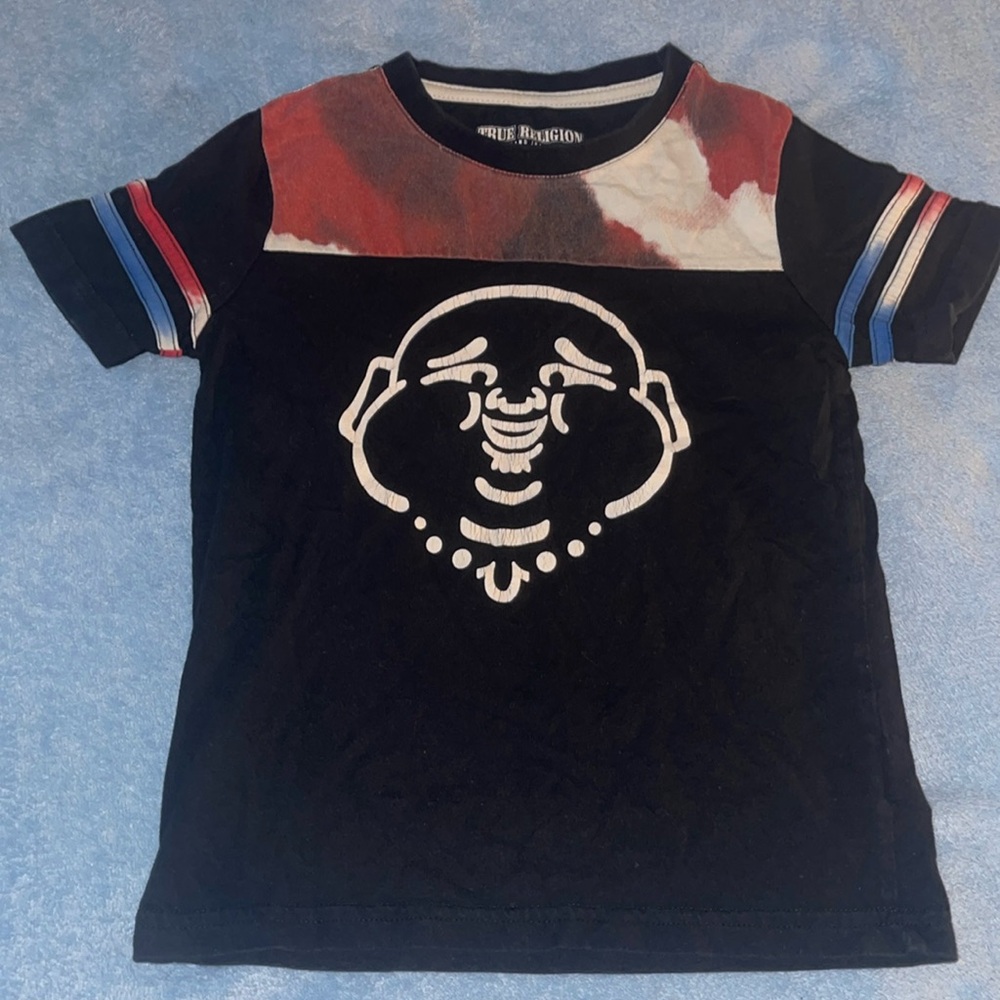 Used kids True Religion Black Tee with Red and Blue Graphic